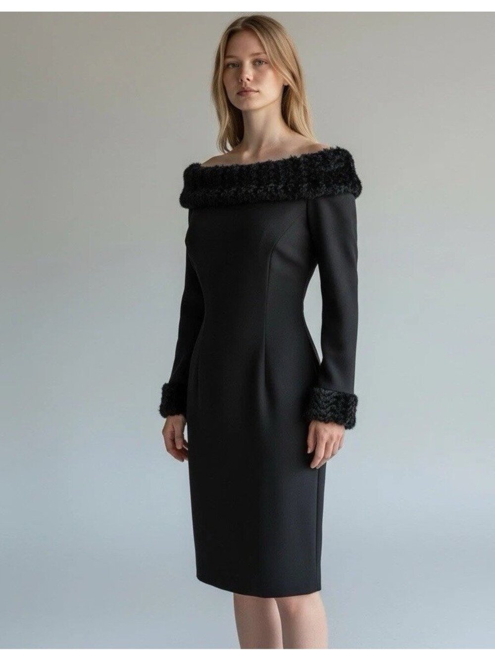 Joseph Ribkoff Black Faux Fur Trim  Dress Womens 8 Fur Trim 70s Glam Cocktail
